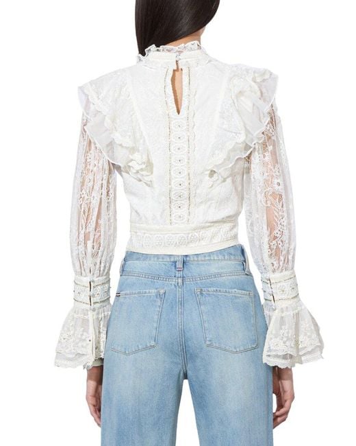 Alice + Olivia White Delpha Silk-Trim Top