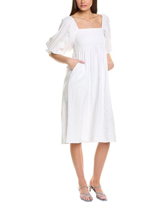 JLuxe White Smocked Linen-Blend Midi Dress