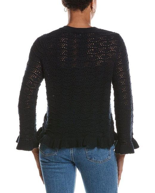 Autumn Cashmere Black Pointelle Ruffle Edge Crewneck Sweater
