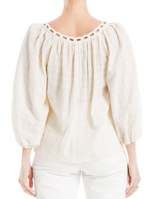 Max Studio White 3/4-Bubble Sleeve Crochet Neck Top