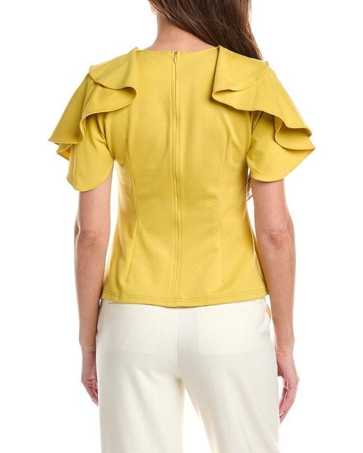 Gracia Yellow Ruffled Neck & Sleeve Brooch Detail Top