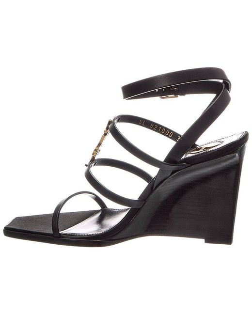 Saint Laurent Black Cassandra 90 Leather Wedge Sandal