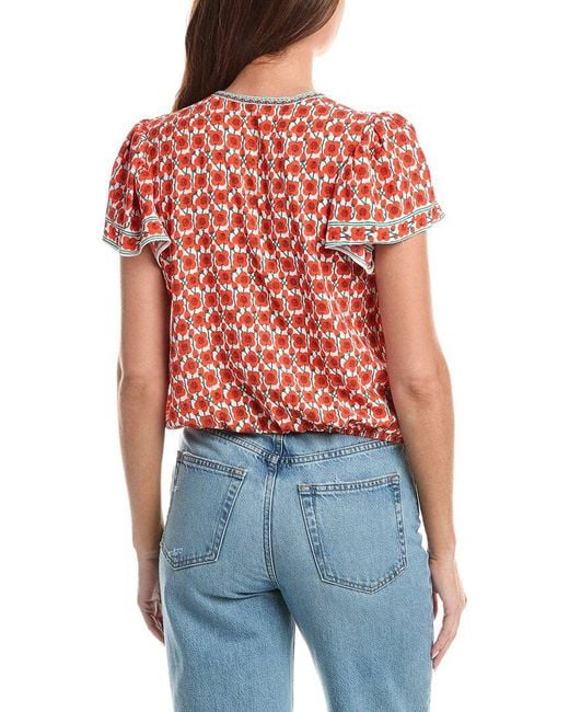 Max Studio Red Flutter Sleeve Bubble Hem Blouse