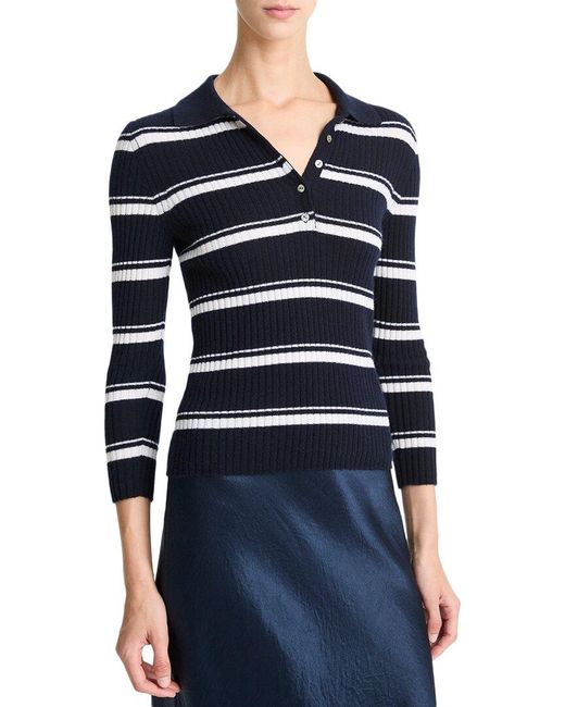 Vince Blue Cashmere & Mulberry Silk-Blend Stripe Polo
