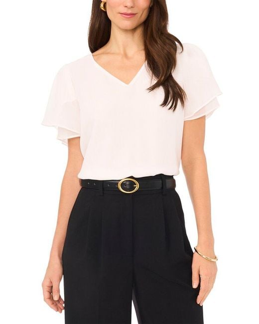 Vince Camuto White V-Neck Tulip Blouse