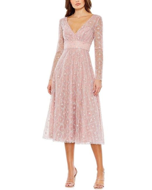 Mac Duggal Pink Embellished Illusion Long Sleeve Dress