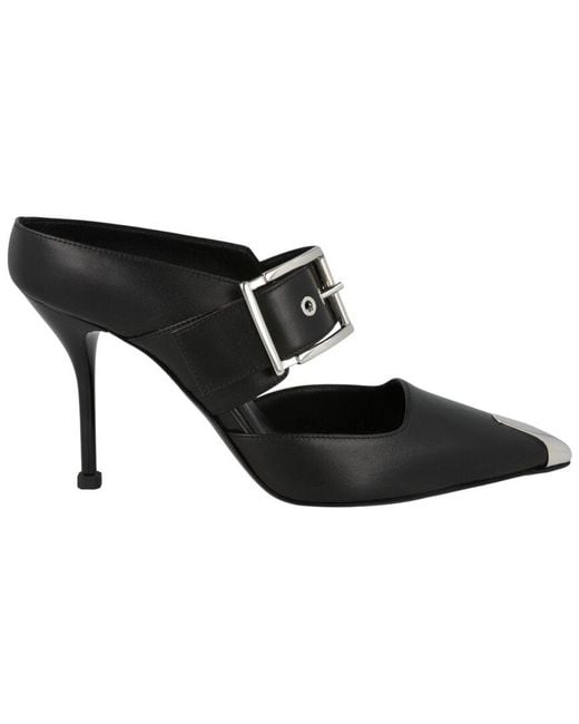 McQueen Black Buckle Leather Mule