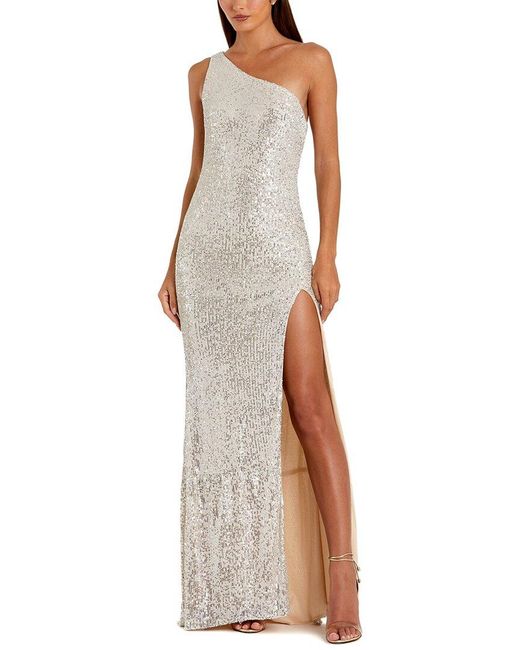 Mac Duggal White Sequined One Shoulder Draped Back Gown