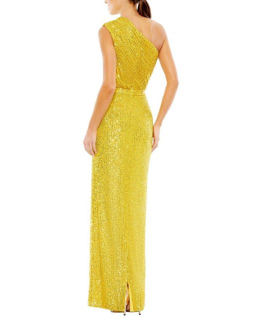 Mac Duggal Yellow Sequined Ruched One Shoulder Gown