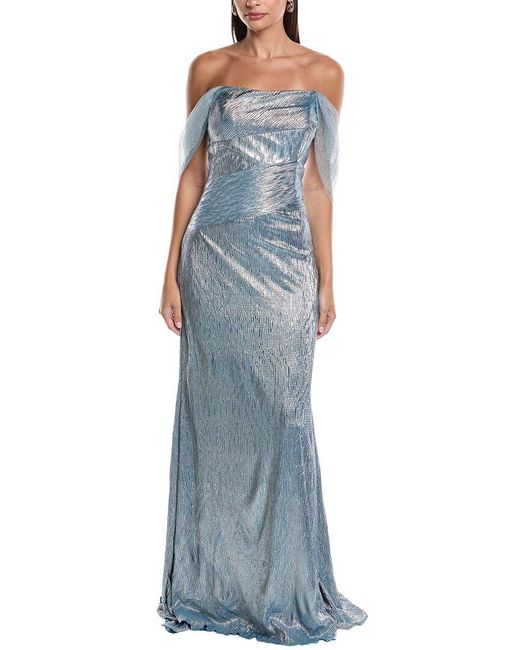 Rene Ruiz Blue Off-Shoulder Metallic Gown