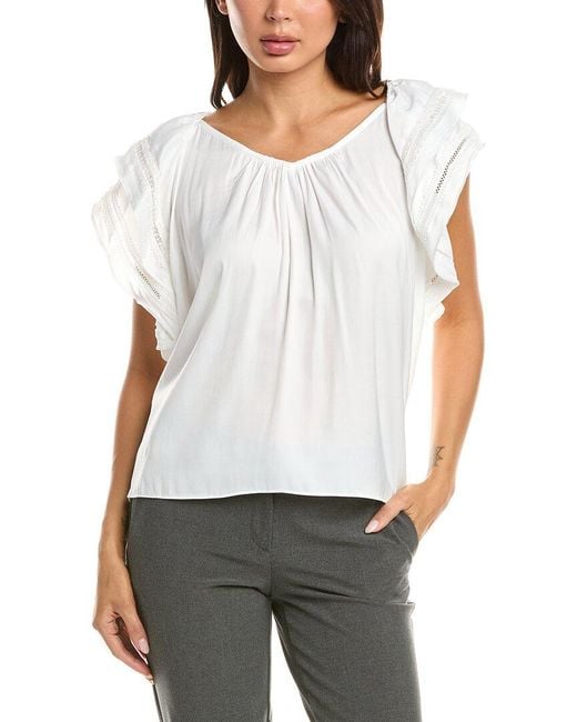Tahari White Flutter Sleeve Airflow Blouse
