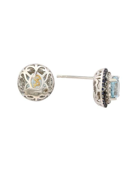 Suzy Levian Blue Silver 0.02 Ct. Tw. Diamond & Gemstone Double Halo Studs