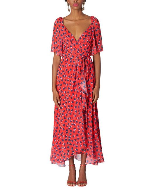 Carolina Herrera Red Flutter Sleeve Wrap Midi Dress