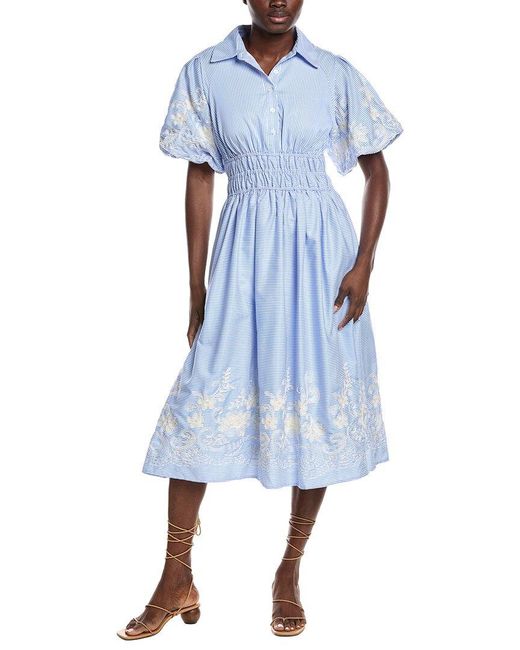 Gracia Blue Elastic Waist Embroidered Midi Dress