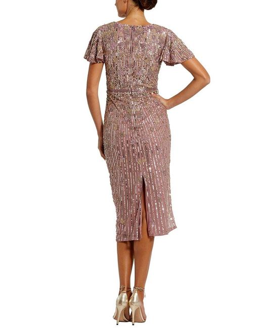 Mac Duggal Red Sequin Mesh V Neck Flutter Sleeve Midi Dress