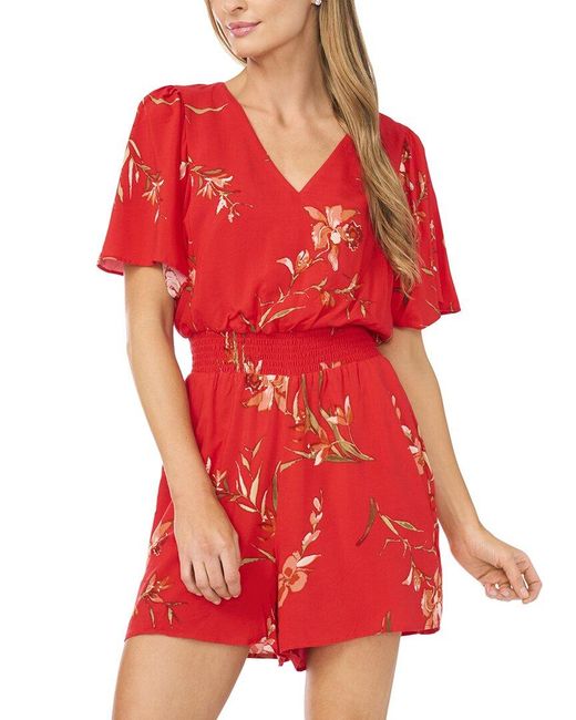 Cece Red V Neck Flutter Sleeve Romper