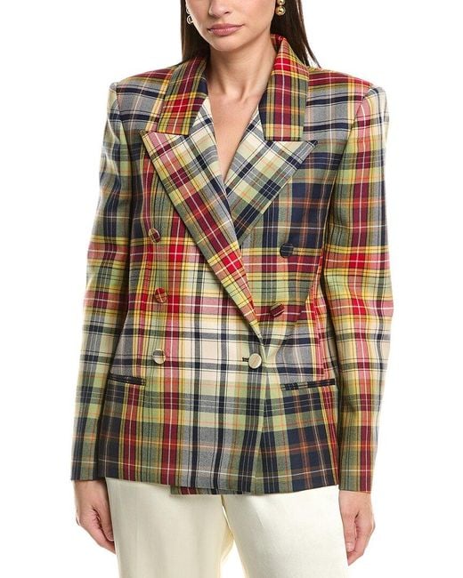 Oscar de la Renta Blue Plaid Silk-Lined Wool Jacket