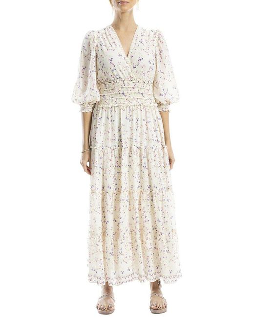 Max Studio White Surplice Smocked Waist Dress