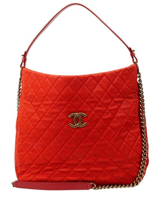 Chanel Red Quilted Caviar Leather Shopper Hobo (Authentic Pre-Owned)