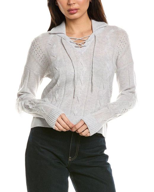 Brodie Cashmere Gray Cable Fringe Wool & Cashmere-Blend Polo Sweater