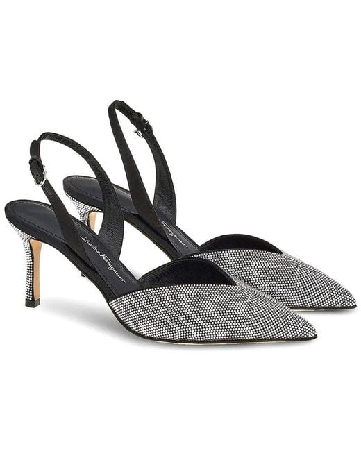 Ferragamo Black Crystal Embellished Leather Slingback