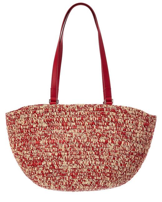 Loewe Red Dnu Inv Logo Raffia & Leather Tote