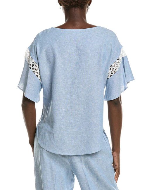 Anne Klein Blue Batteau Neck Linen-Blend Blouse