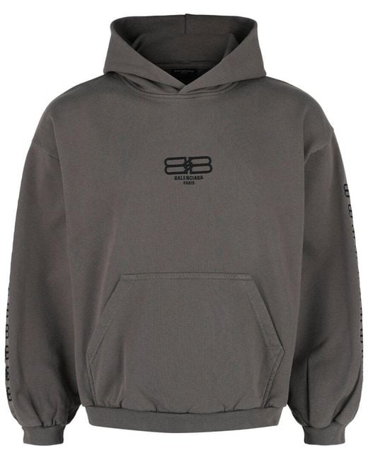 Balenciaga Gray Embroidered Cotton Hoodie for men