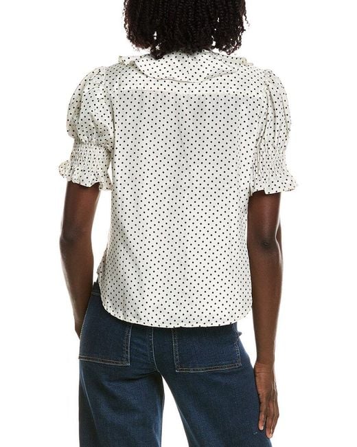 Tahari White Short Gathered Sleeve Ruffle Top