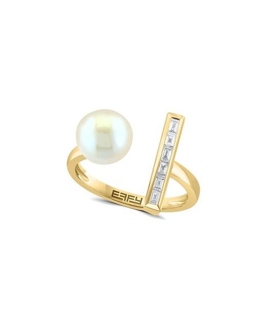 Effy Fine Jewelry Metallic 14K 0.12 Ct. Tw. Diamond & Fresh Water Pearl 7Mm Pearl Ring
