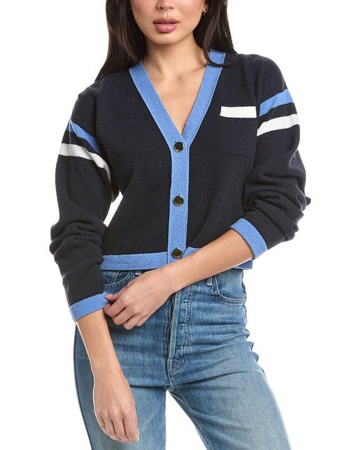 St. John Blue Two Stripe Wool-Blend Cardigan Top