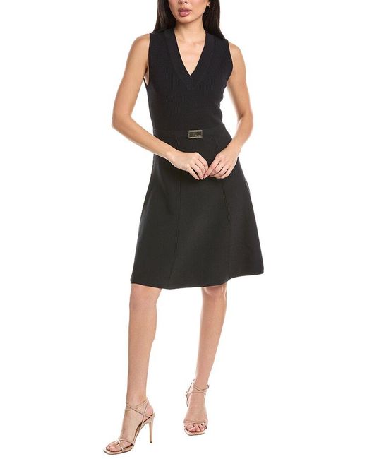 St. John Black Flared Knit Midi Dress