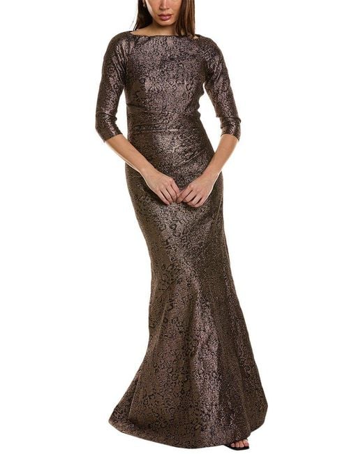 Teri Jon Brown Metallic Jacquard Gown