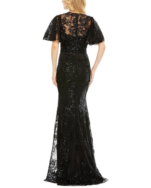 Mac Duggal Black Embellished Flutter Sleeve High Neck Gown