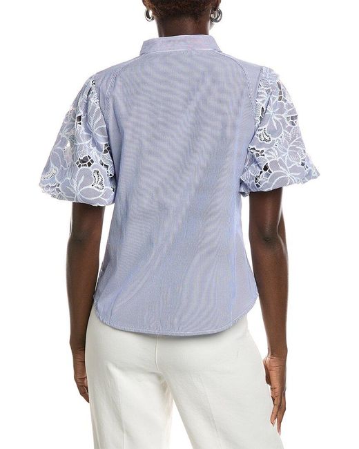 Gracia Blue Eyelet Lace Work Shirt
