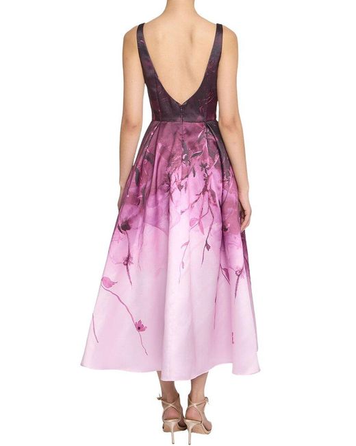 Marchesa Purple Floral Printed Mikado Midi Dress