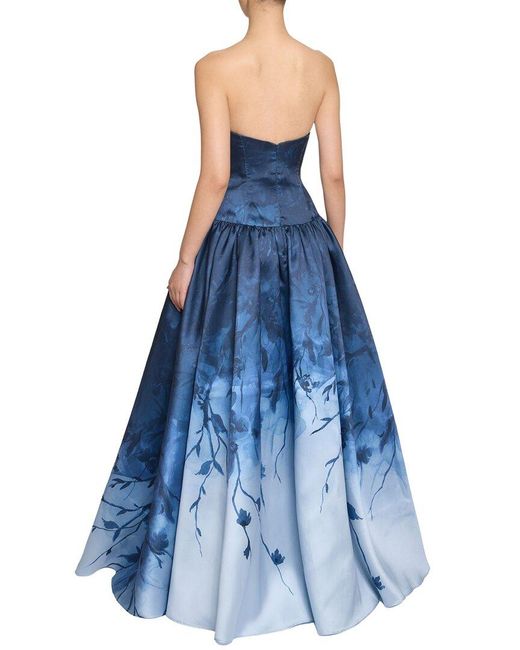Marchesa Blue Floral Printed Mikado Gown