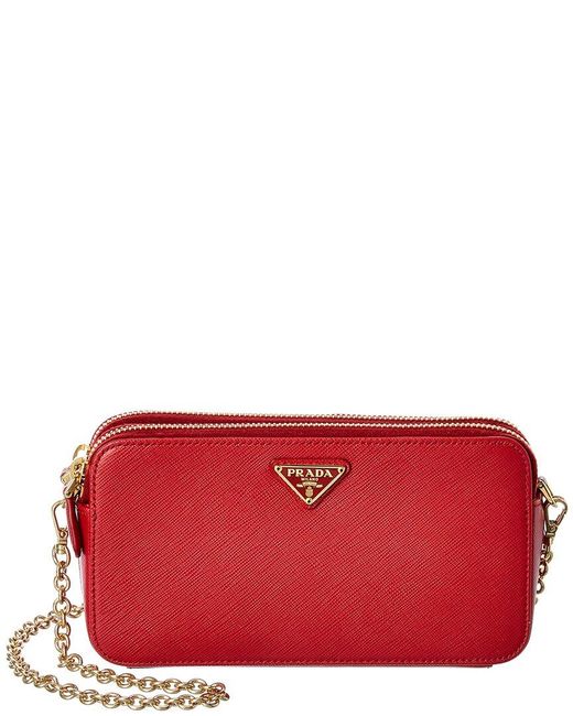 Prada Red Logo Saffiano Leather Wallet On Chain