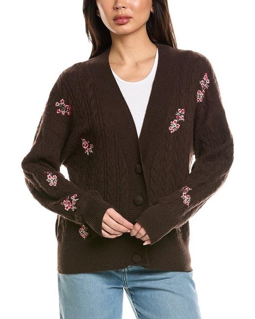 Brodie Cashmere Black Flower Cable Cashmere Cardigan