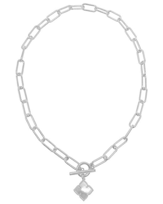 Adornia White Plated Mother-Of-Pearl Flower Paper Clip Chain Toggle Necklace