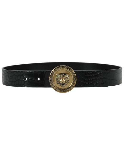 Just Cavalli Black Tiger Round Logo Leather Belt