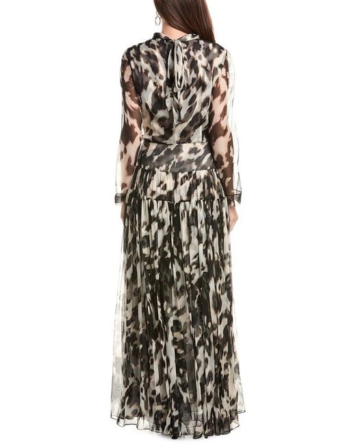 Oscar de la Renta White Tie-Neck Cow Print Silk Maxi Dress