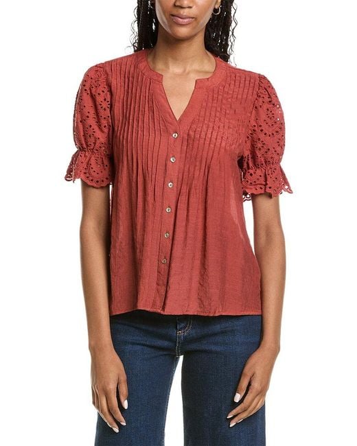 Nanette Lepore Red Eyelet Sleeve Blouse