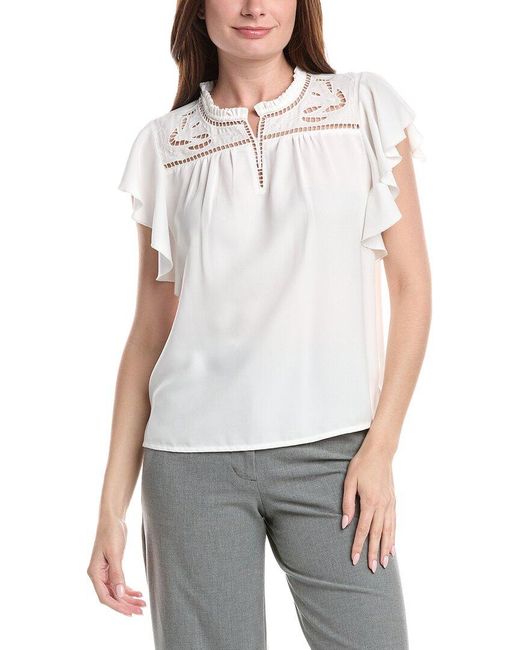Vince Camuto White Embroidery Ruffle Blouse