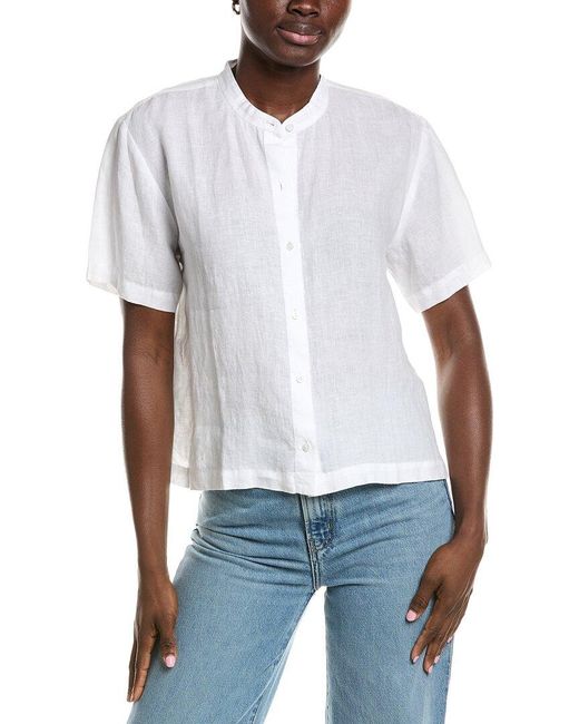 Eileen Fisher White Mandarin Collar Linen Shirt