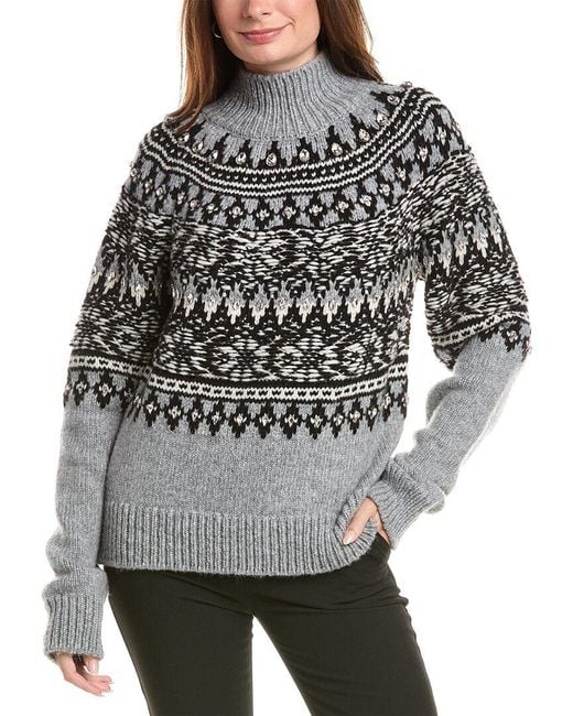 Oscar de la Renta Gray Fairisle Floats Wool-Blend Turtleneck Sweater