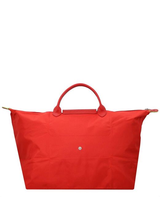 Longchamp Red Le Pliage Green Small Top Handle Canvas & Leather Travel Bag