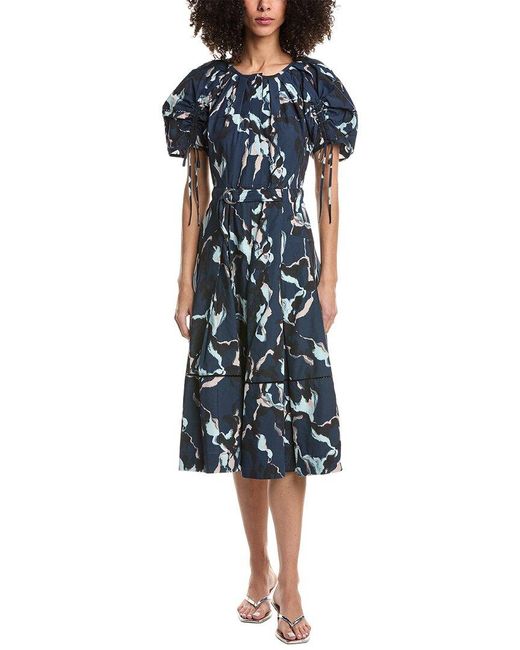 3.1 Phillip Lim Blue Abstract Vines Shirred Sleeve Belted Midi Dress