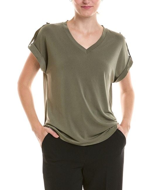 Jones New York Green Roll Cuff Tab V-Neck T-Shirt