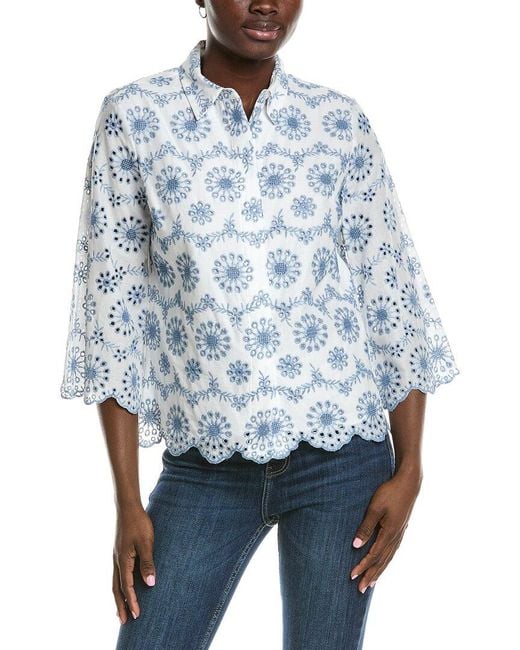 Anne Klein Blue Scallop Hem Eyelet Shirt